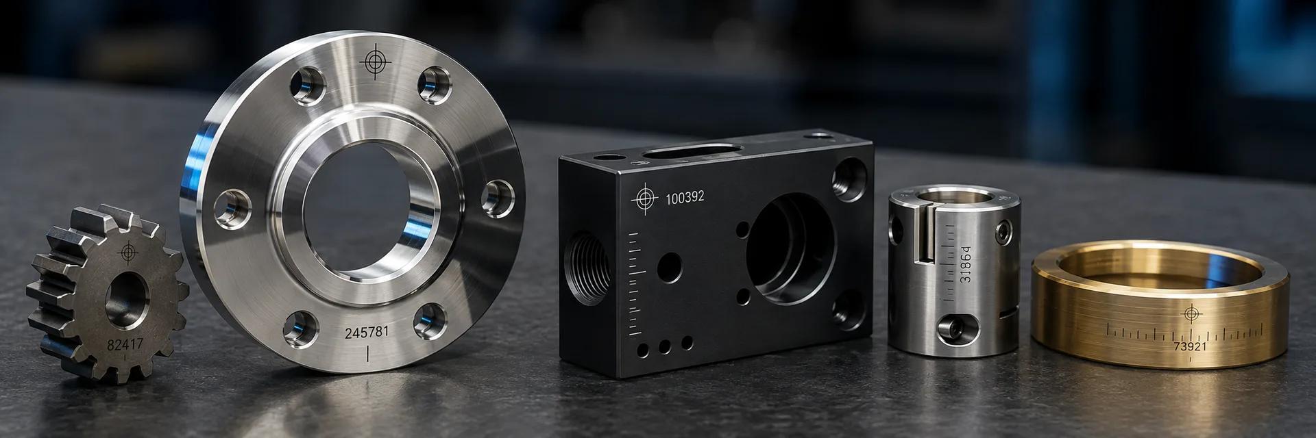 Beispiele gravierter Bauteile: Serien- und Bauteilnummern, Positionsmarken und Skalen auf Stahl, Aluminium und Messing – dauerhaft und detailgenau.